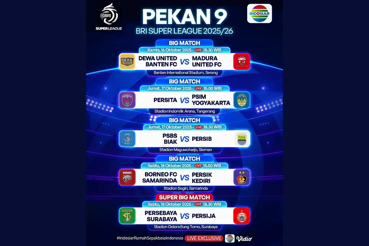 Jadwal BRI Super League Hari Ini Jumat 17 Oktober 2025, Ada PSBS Biak vs Persib Bandung (Sumber: Instagram/sports.indosiar/Edited Muhammad Ibrahim)
