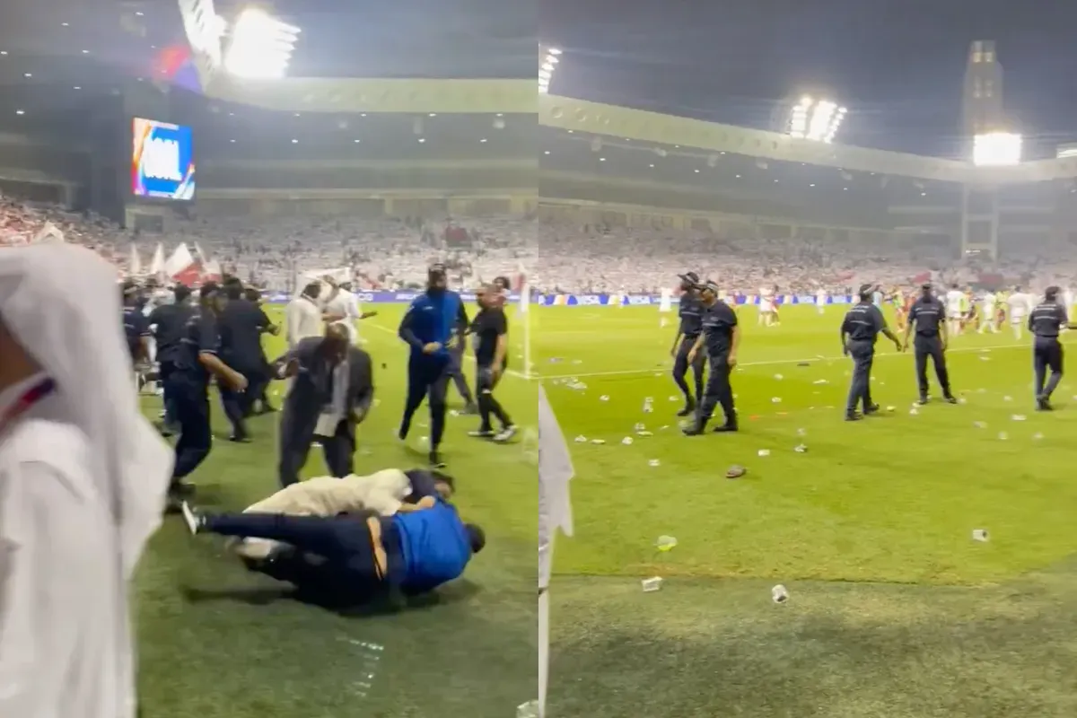 Tangkapan layar peristiwa viral pendukung Qatar vs UEA saling lempar iPhone 17 Pro Max di Kualifikasi Piala Dunia 2026. (Sumber: X/@JamesPiotr)