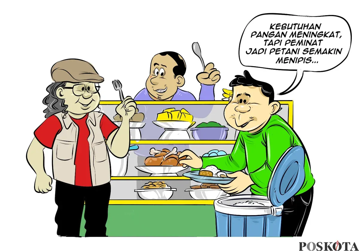 Ilustrasi Obrolan Warteg memperingati Hari Pangan Sedunia, menggambarkan meningkatnya kebutuhan pangan yang berbanding terbalik dengan menurunnya minat generasi muda menjadi petani. (Sumber: Poskota/Arif Setiadi)