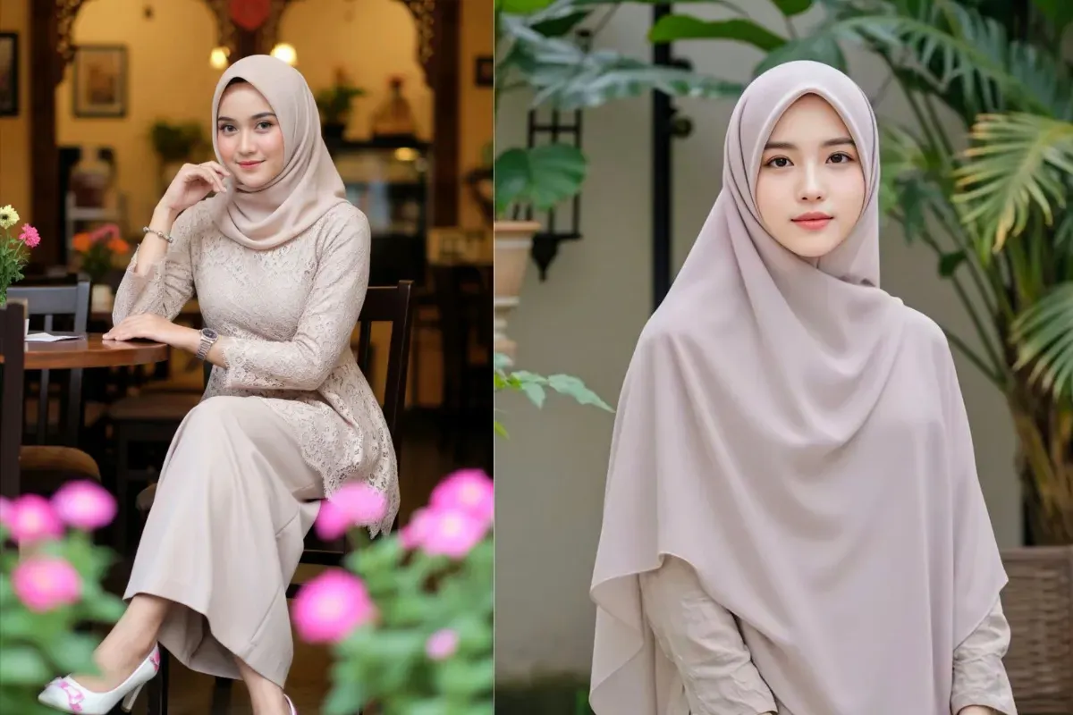 Hasil foto wanita berhijab dengan Prompt Gemini AI yang tampak natural, elegan, dan estetik layaknya hasil fotografer profesional. (Sumber: Gemini AI)