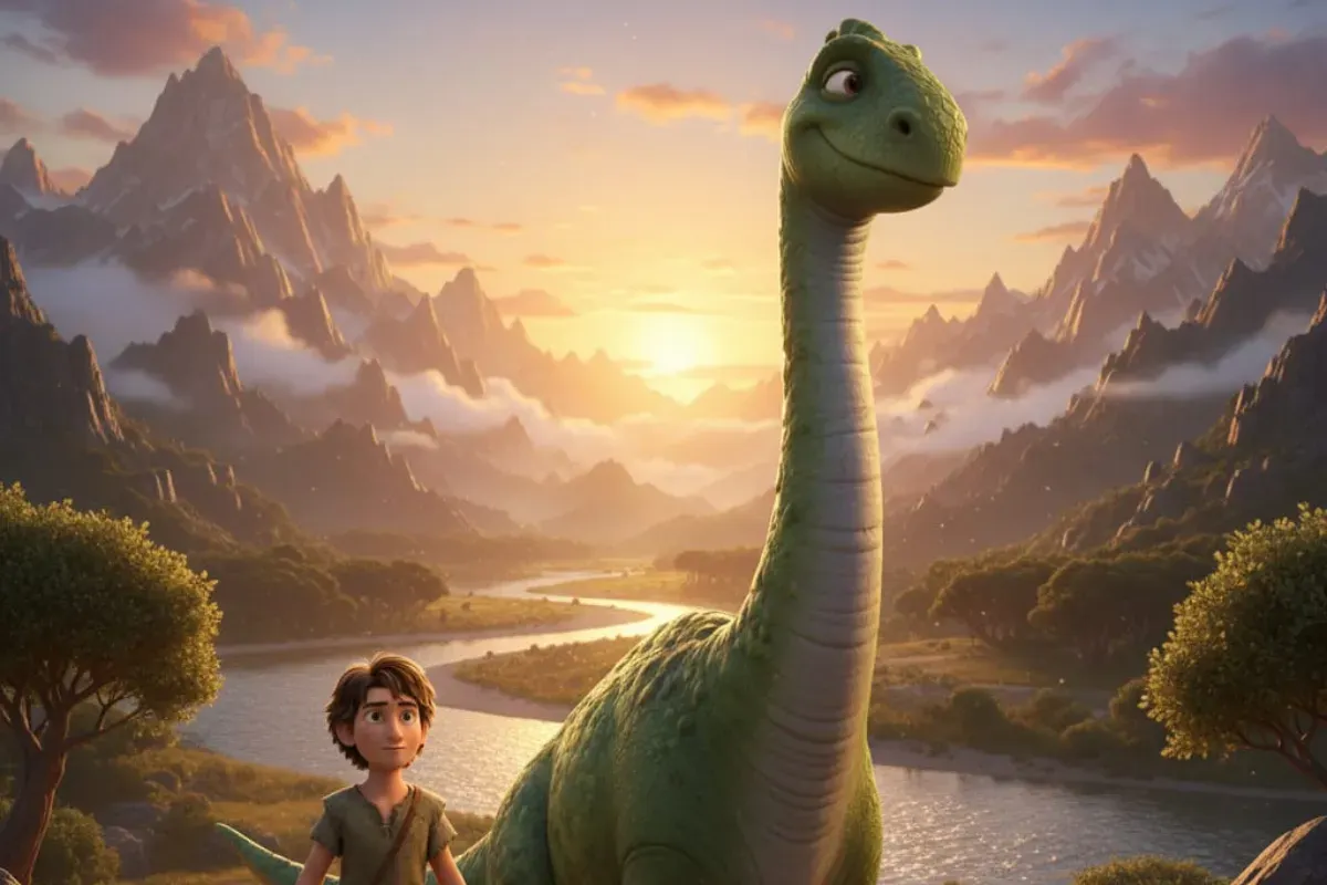 Ilustrasi foto The Good Dinosaur buatan Gemini AI. (Sumber: Poskota/Gemini AI)