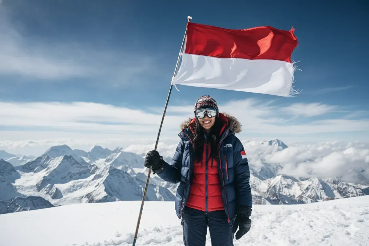 Hasil edit prompt Gemini AI foto sendiri di puncak gunung everest dengan bendera Indonesia. (Sumber: Freepik)
