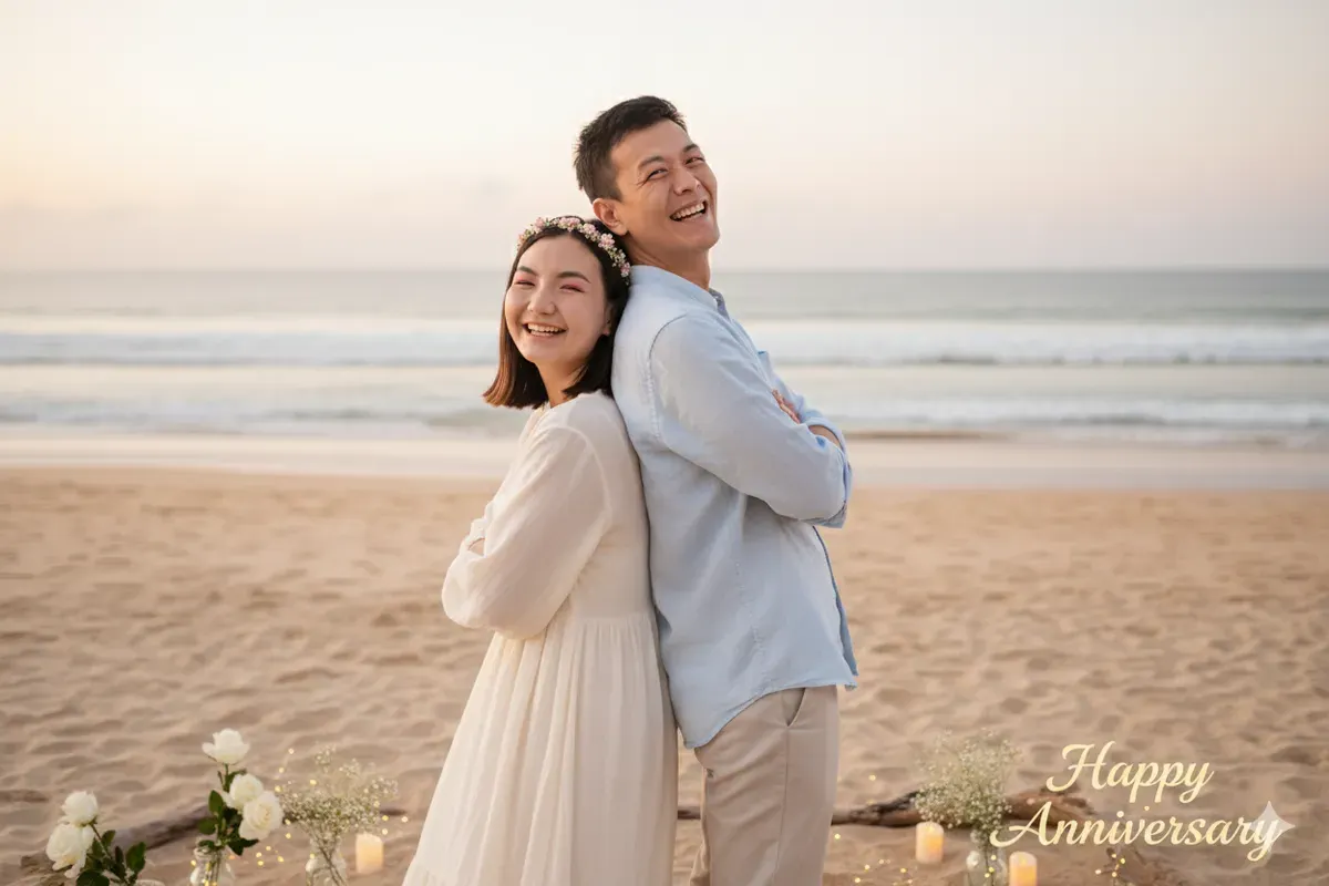 Hasil edit prompt Gemini AI terbaru foto pasangan merayakan anniversary di pantai. (Sumber: Freepik)