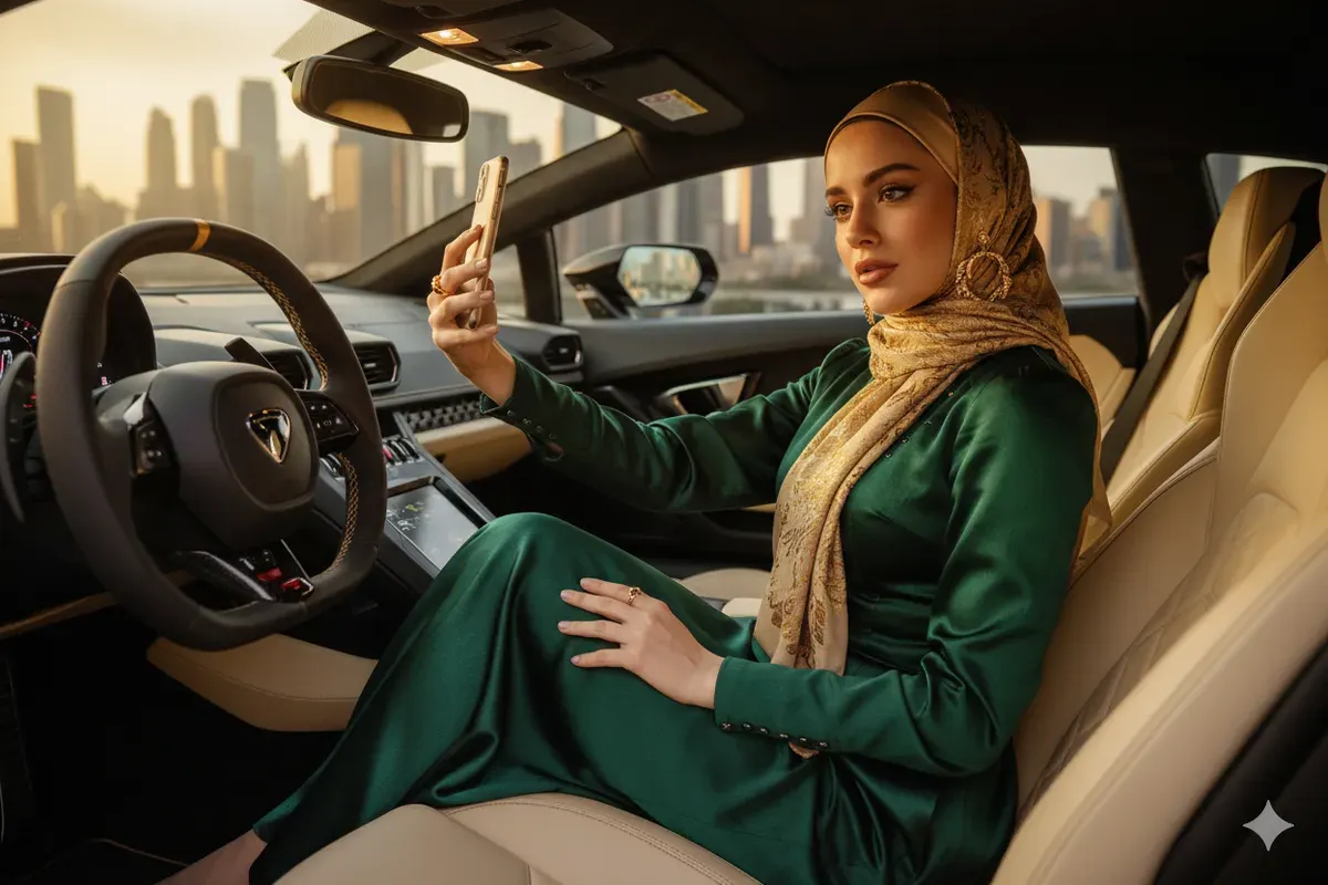 Hasil edit foto prompt Gemini AI viral wanita berhijab selfie di mobil lamborghini. (Sumber: Freepik)
