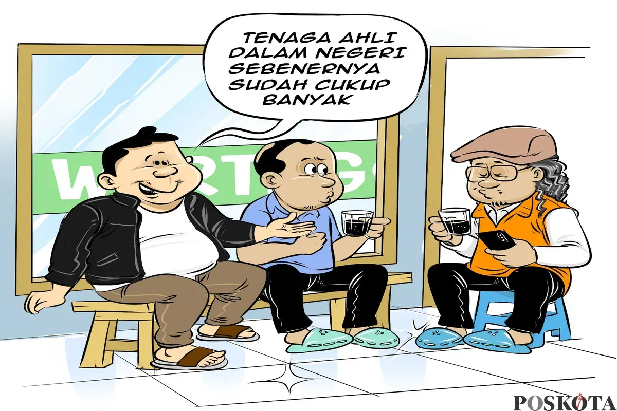 Ilustrasi obrolan warteg tiga sahabat berdiskusi tentang kebijakan BUMN dan pentingnya memberi kepercayaan kepada tenaga ahli dalam negeri. (Sumber: Poskota/Arif Setiadi)