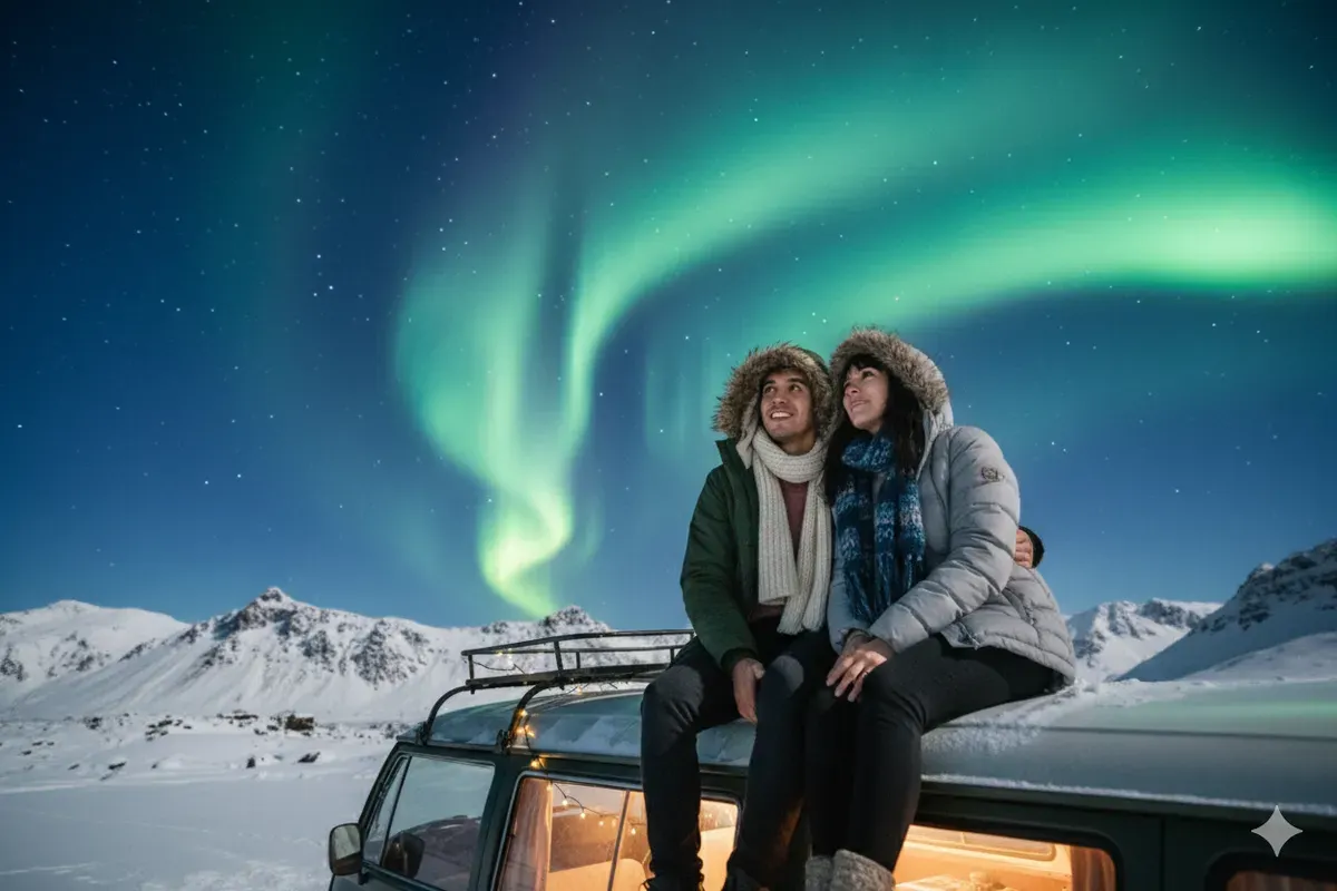 Hasil edit prompt Gemini Ai edit foto cowok dan cewek menatap aurora di langit dunia. (Sumber: Freepik)