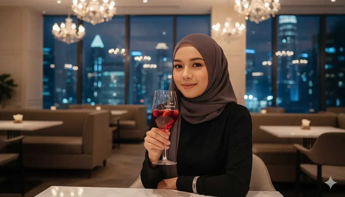 Hasil edit prompt Gemini AI foto wanita hijab di cafe mewah berlatar citylight. (Sumber: Freepik/tirachardz)