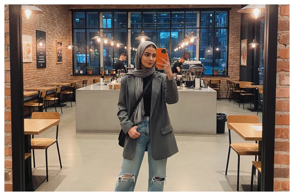 Hasil edit prompt Gemini AI foto wanita hijab mirror selfie menggunakan iPhone 17 Pro Max . (Sumber: Freepik)