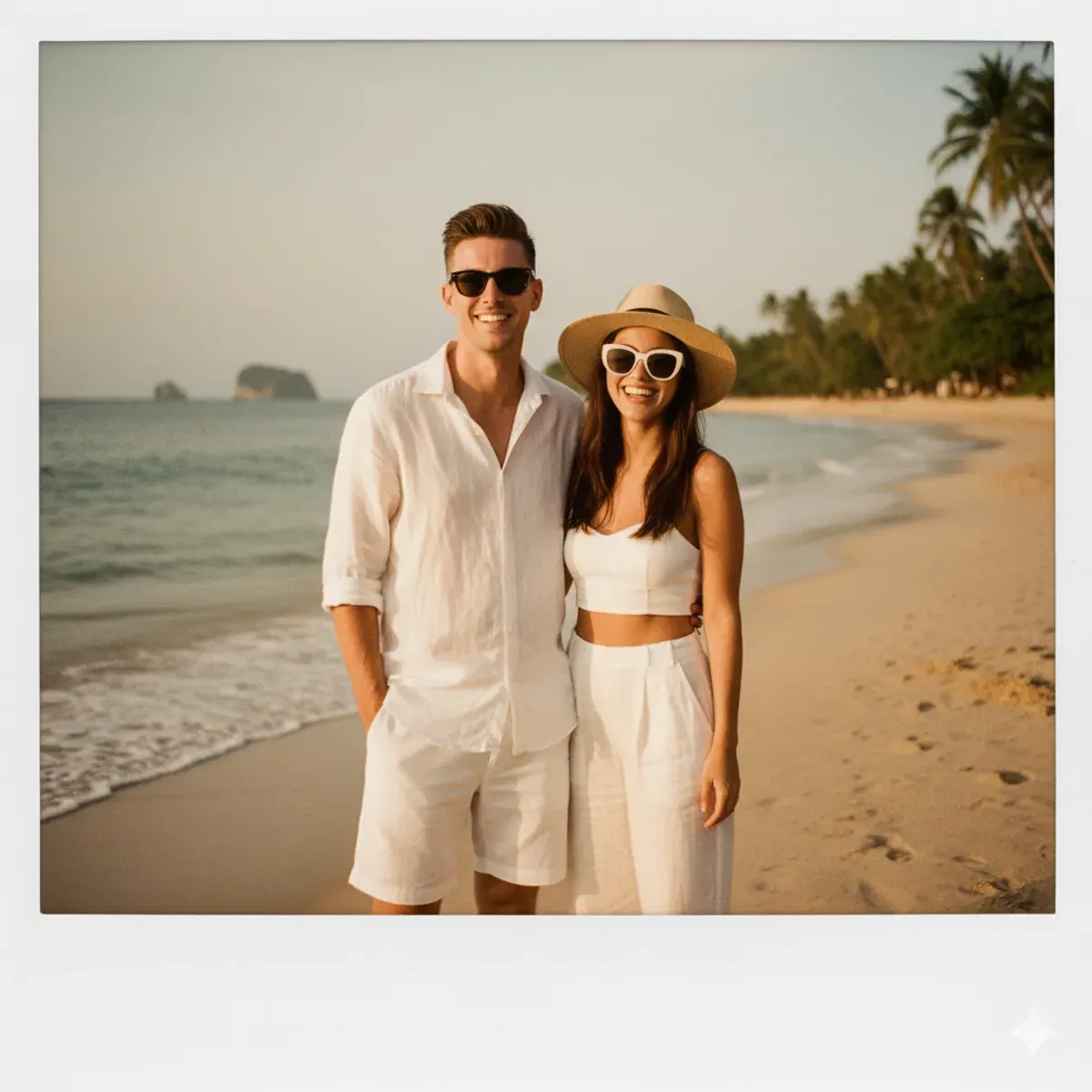 Hasil edit prompt Gemini AI foto pasangan polaroid dengan OOTD kemabaran ala selebriti. (Sumber: Freepik/pressfoto)