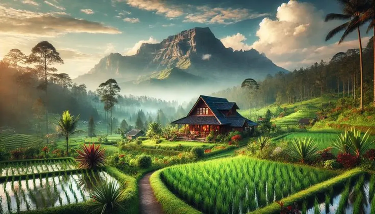 Suasana senja di sawah yang dihasilkan oleh Gemini AI, memadukan kehangatan alam dengan kecanggihan teknologi digital. (Sumber: Pinterest)