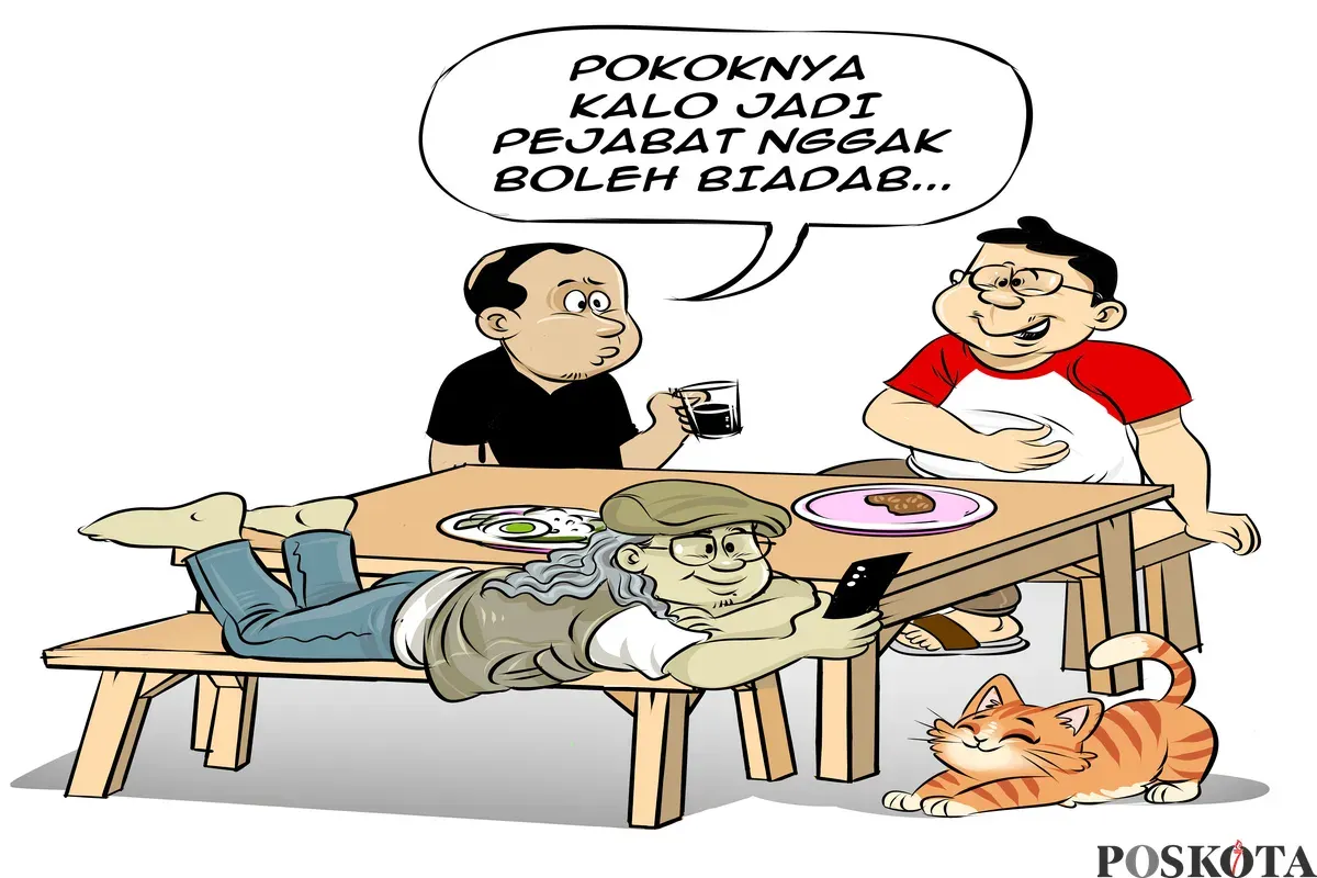 Ilustrasi obrolan santai di warteg — tiga sahabat berdiskusi soal pentingnya adab bagi pejabat publik, menegaskan pesan: “Pokoknya kalau jadi pejabat, nggak boleh biadab.” (Sumber: Poskota/Arif Setiadi)