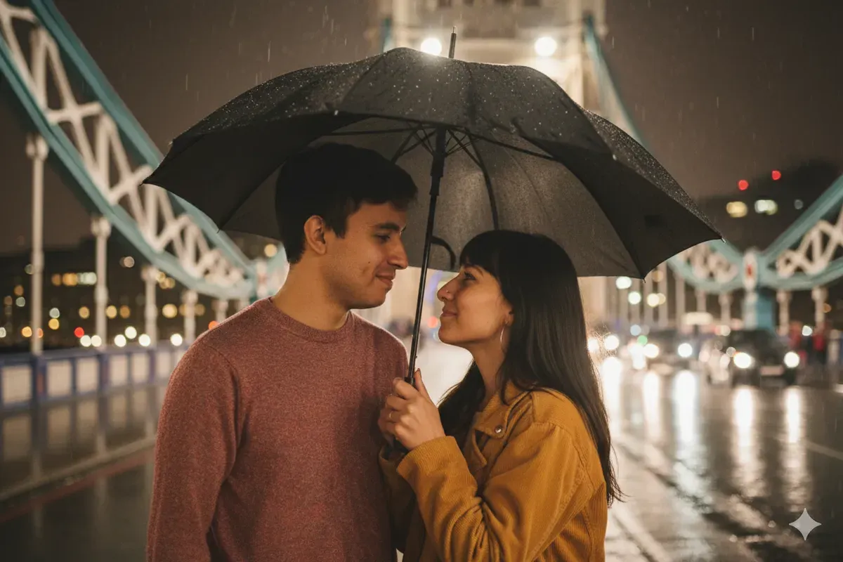 Hasil edit prompt Gemini AI foto pasangan ala prewedding di London Bridge dengan prompt Gemini AI. (Sumber: Freepik)