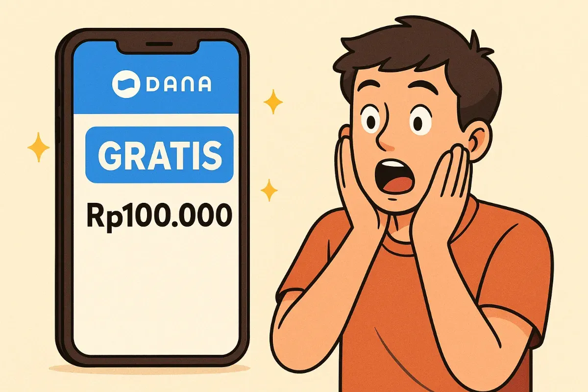 Ilustrasi kaget mendapatkan saldo DANA gratis dari aplikasi penghasil uang. (Sumber: Poskota/ChatGPT)