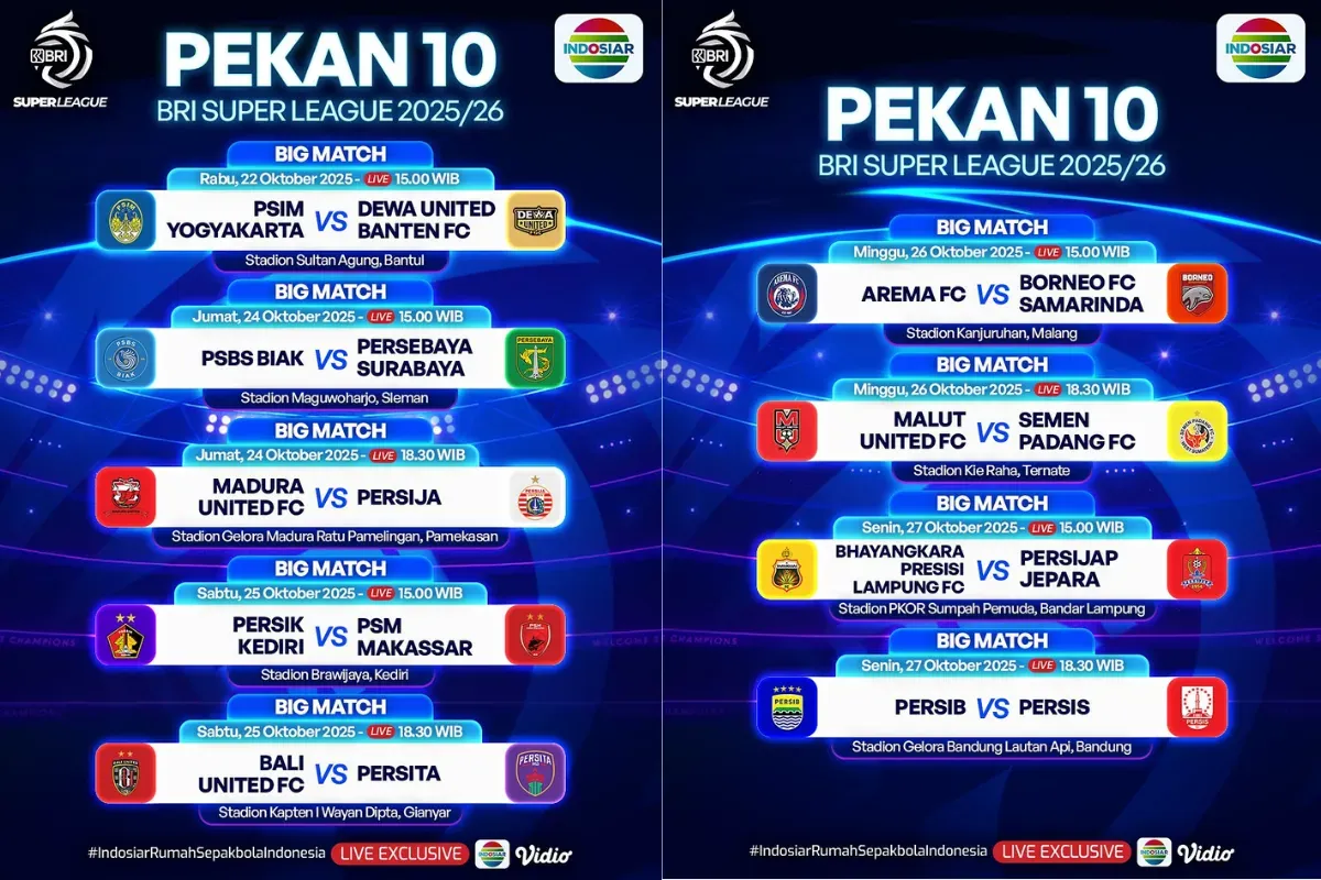 Jadwal BRI Super League 2025/2026 Pekan ke-10, Dimulai Besok Rabu 22 Oktober 2025 (Sumber: Instagram/sports.indosiar/Edited Muhammad Ibrahim)