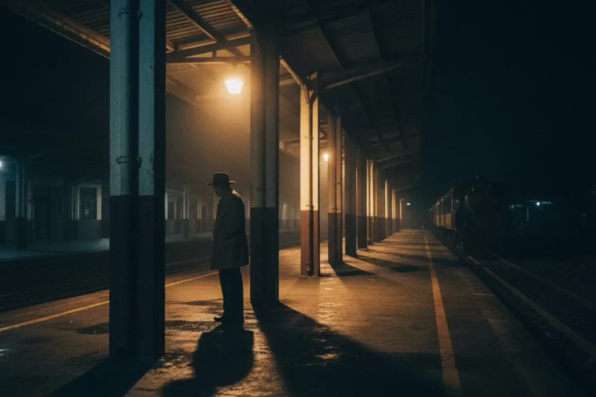 Prompt visual sinematik di stasiun kereta malam (Sumber: Gemini AI)