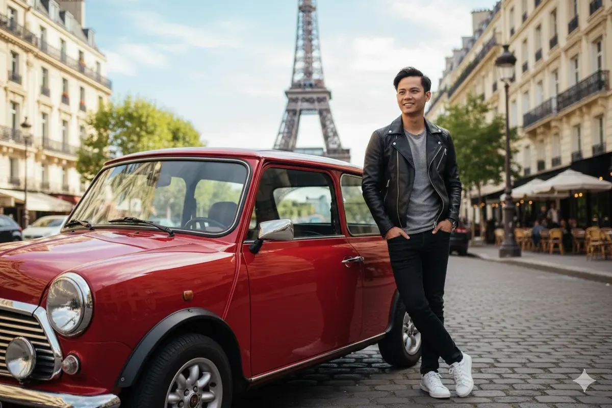 Hasil edit prompt Gemini AI edit foto cowok macho pakai Mini Cooper di luar negeri. (Sumber: Freepik/drobotdean)