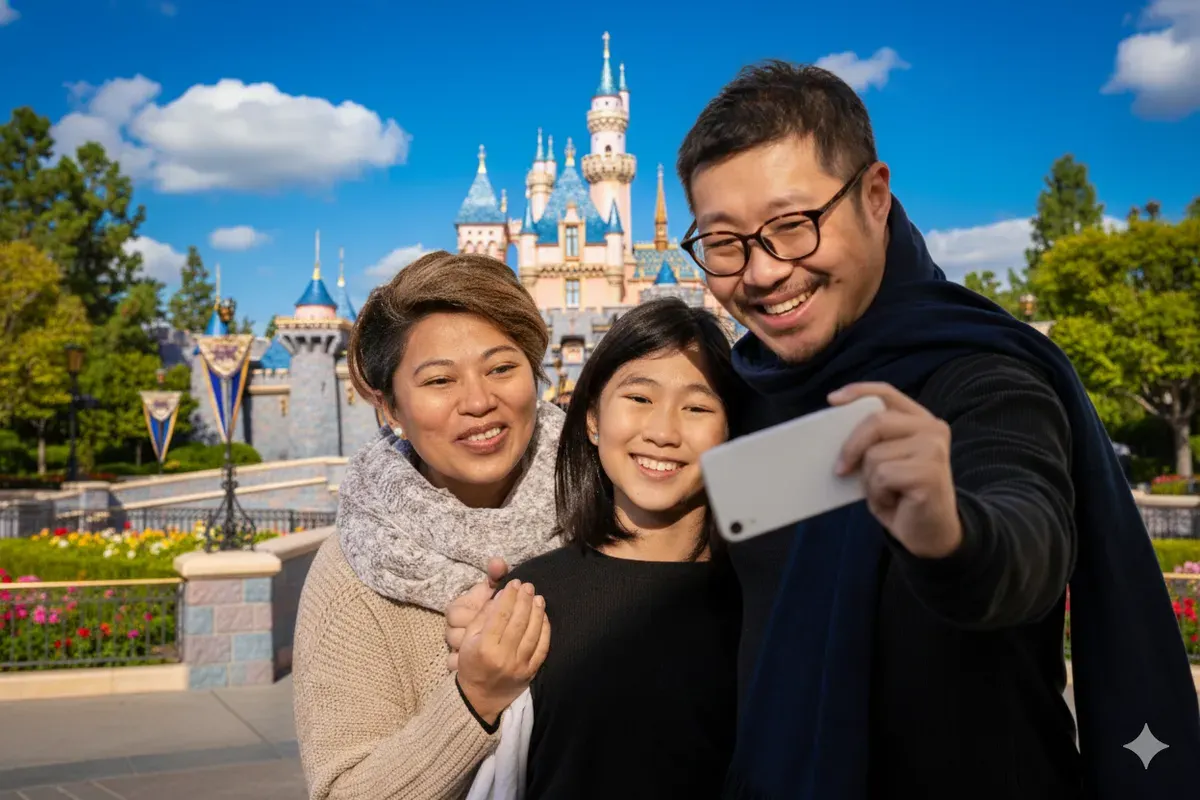 Hasil edit prompt Gemini AI terbaru foto keluarga liburan di Disneyland. (Sumber: Freepik)