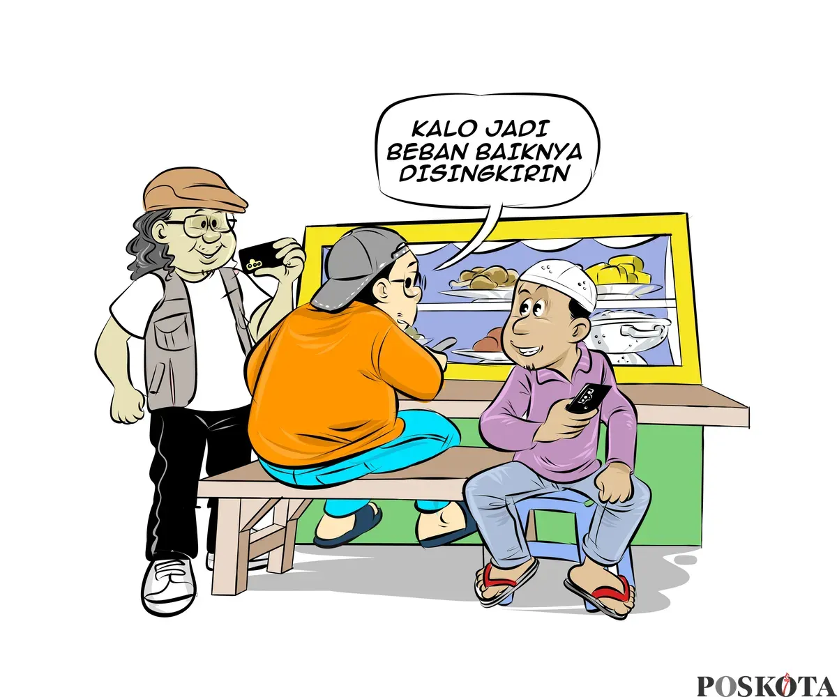 Ilustrasi obrolan warteg: Tiga sahabat berbincang santai sambil makan di warteg, membahas pentingnya menyingkirkan beban demi kemajuan — menggambarkan kritik terhadap menteri yang dinilai tidak efektif. (Sumber: Poskota/Arif Setiadi)