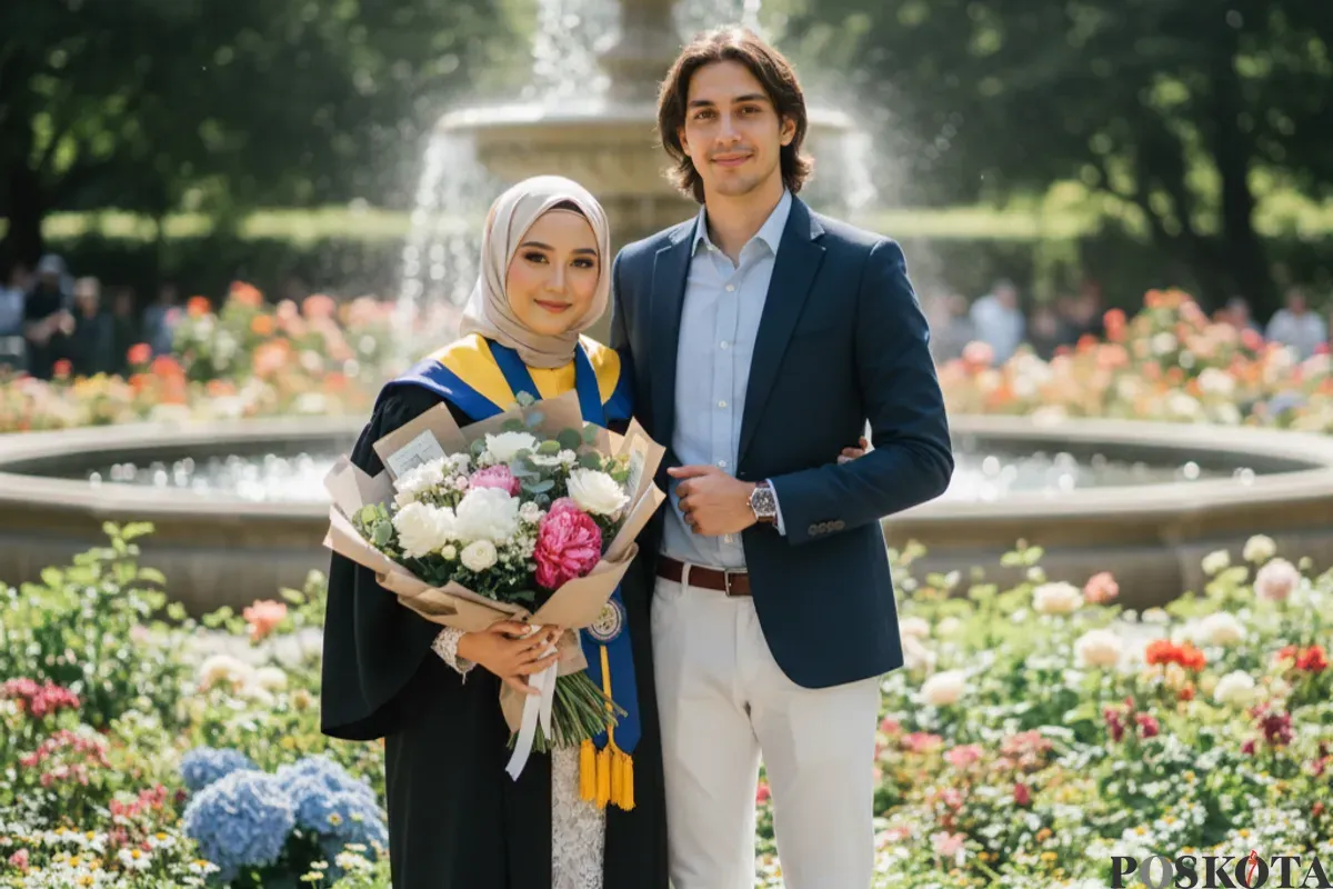 Hasil edit foto bertema wisuda bareng pasangan pakai prompt Gemini AI. (Sumber: Gemini AI)