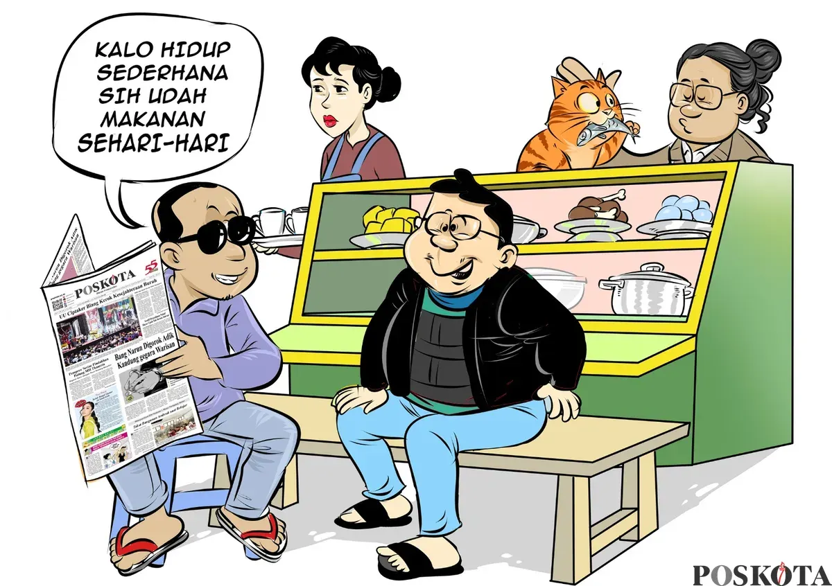 Ilustrasi Obrolan Warteg – Tiga sahabat berbincang santai menanggapi isu dugaan jual beli jabatan di Bekasi yang disorot Menkeu, sambil menegaskan pentingnya integritas dan transparansi di pemerintahan daerah. (Sumber: Poskota/Arif Setiadi)
