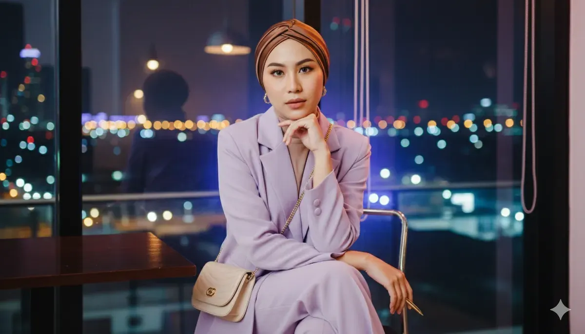 Hasil prompt Gemini AI edit foto wanita hijab look ala fashin blogger. (Sumber: Freepik)