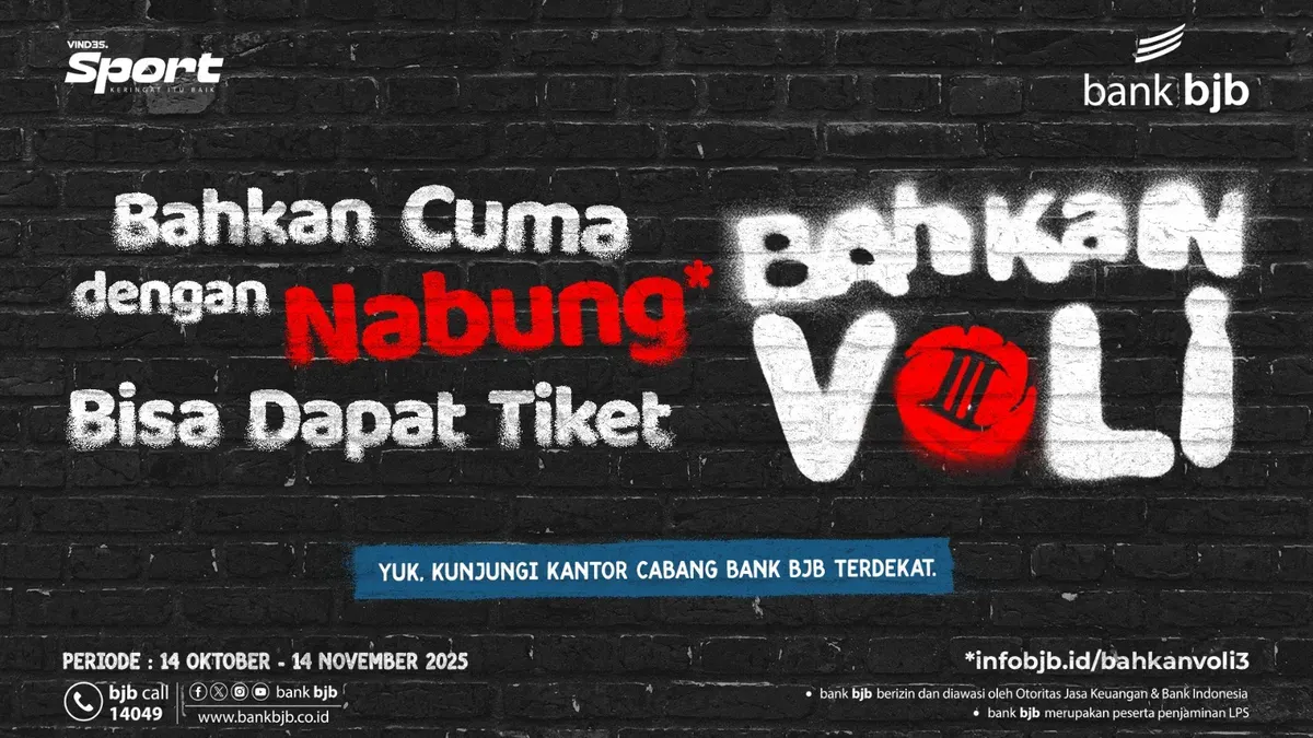 Poster promo kolaborasi bank bjb dan Vindes Sport “Bahkan Voli 3”, mengajak masyarakat menabung untuk mendapatkan tiket menonton ajang sportainment seru antara The Musician dan The Actors. (Sumber: Istimewa)