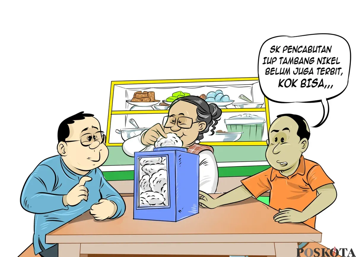 Ilustrasi obrolan warteg membahas lambatnya penerbitan SK pencabutan izin usaha pertambangan (IUP) nikel di Raja Ampat yang hingga kini belum terbit meski diumumkan sejak Juni 2025. (Sumber: Poskota/Arif Setiadi)