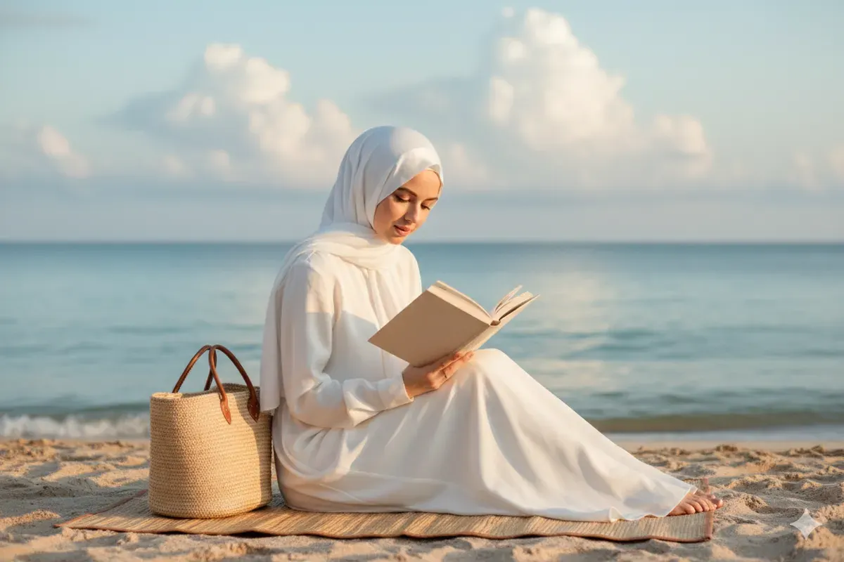 Hasil edit prompt Gemini AI terbaru cewek hijab baca buku di pantai yang terlihat natural. (Sumber: Freepik)
