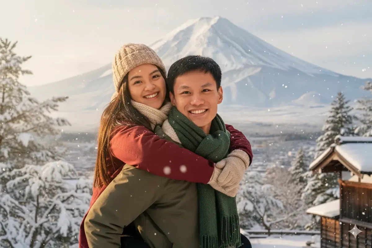 Hasil edit prompt Gemini AI viral foto pasangan menikmati keindahan Gunung Fuji Jepang. (Sumber: Freepik)