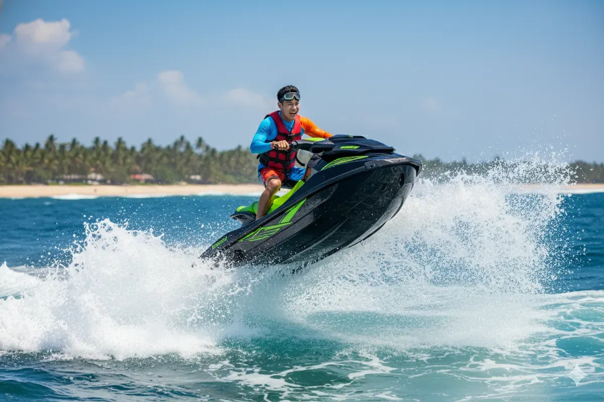 Hasil edit prompt Gemini AI foto cowok keren di pantai sambil bermain jetski. (Sumber: Freepik/pressfoto)