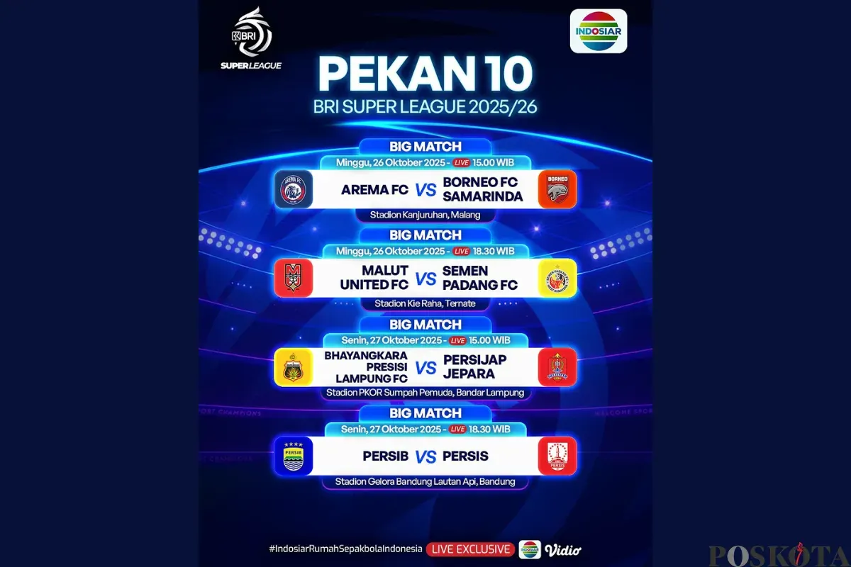 Jadwal BRI Super League Hari Ini Minggu 26 Oktober 2025, Ada Arema FC vs Borneo FC (Sumber: Instagram/sports.indosiar/Edited Muhammad Ibrahim)
