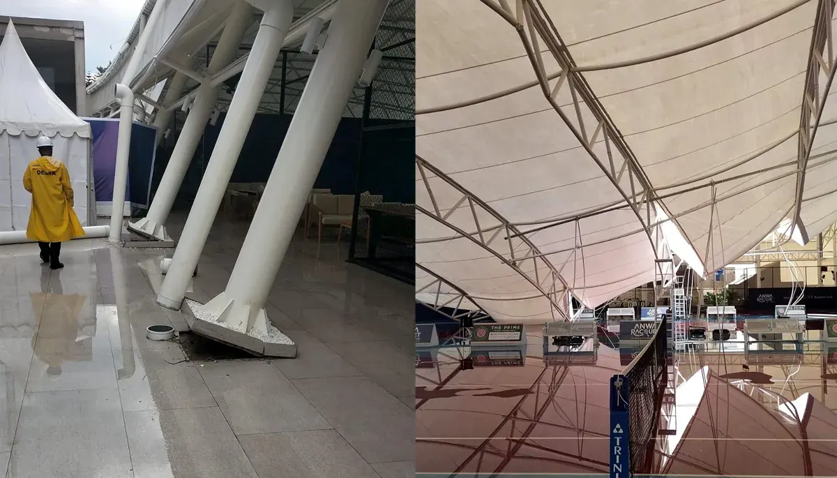 Lapangan olahraga padel yang berlokasi di Taman Villa Meruya, Kembangan, Jakarta Barat, ambruk pada Minggu, 26 Oktober 2025 siang. (Sumber: Istimewa)