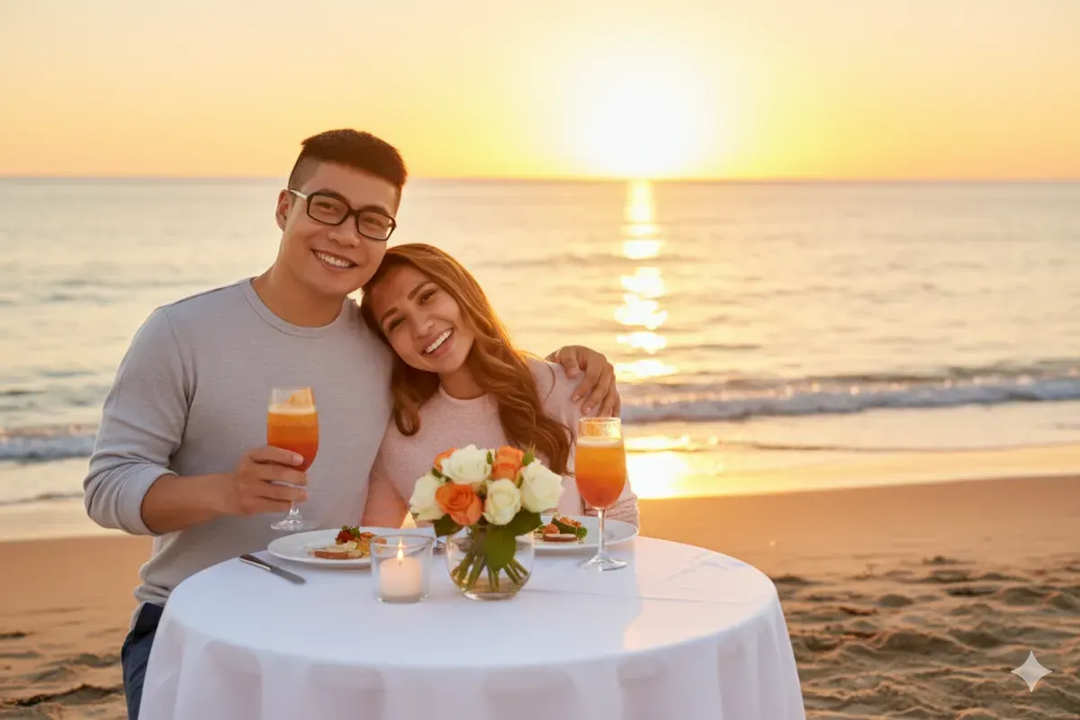 Hasil edit prompt Gemini AI terbaru untuk membuat foto pasangan dinner romantis di pantai. (Sumber: Freepik/pressfoto)