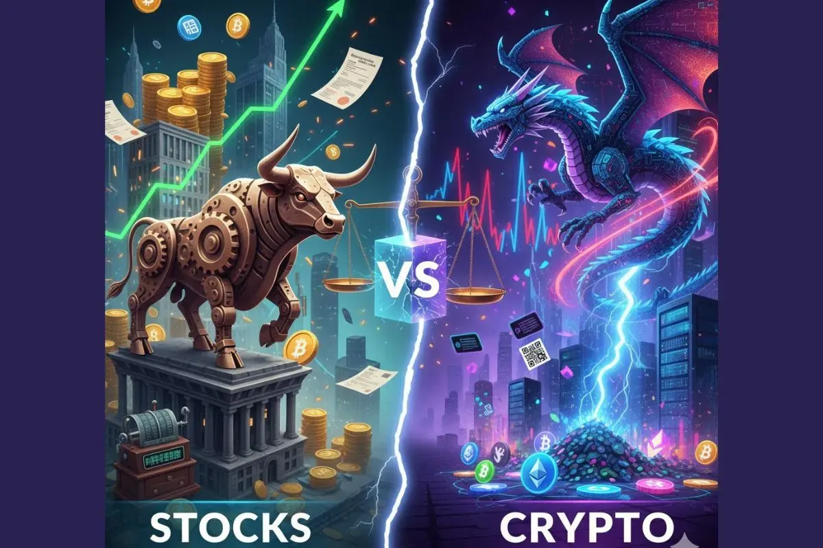 Saham vs Crypto untuk strategi membangun kekayaan di era digital 2025 (Sumber: Gemini AI)