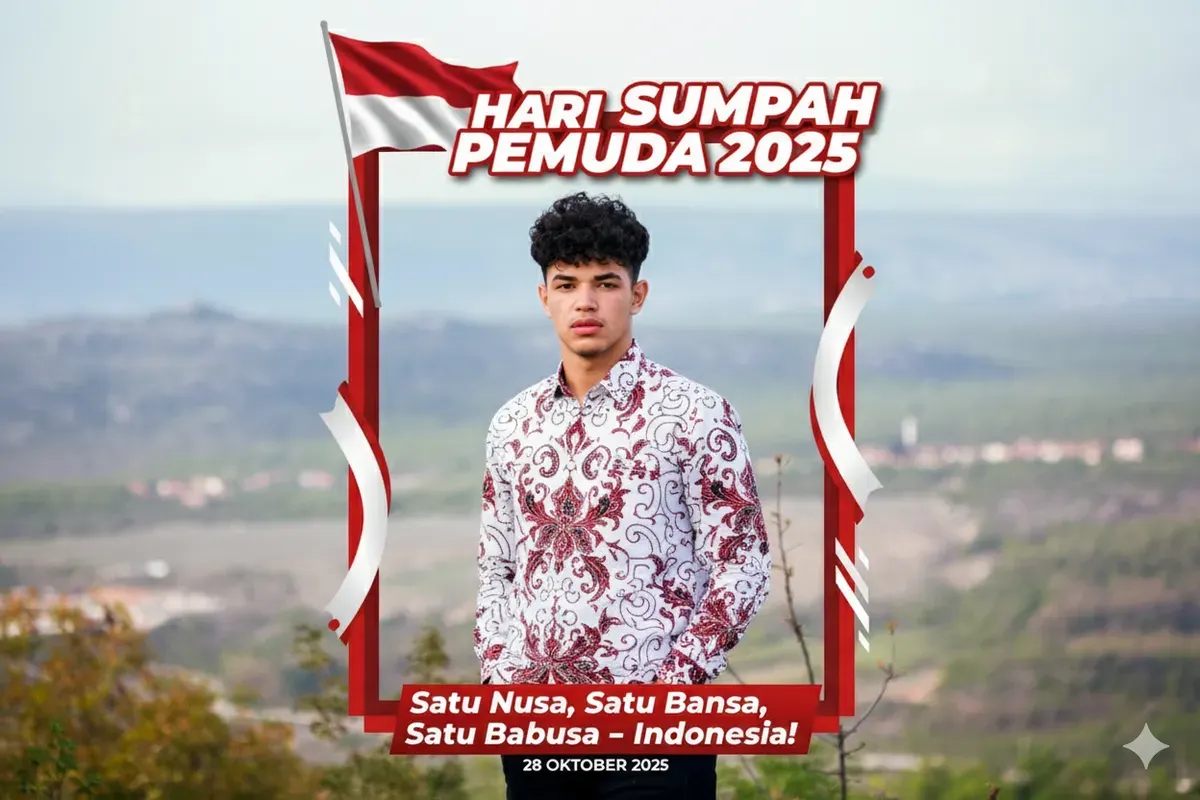 Hasil edit prompt Gemini AI foto cowok keren dengan twibbon peringatan Hari Sumpah Pemuda 2025. (Sumber: Freepik)