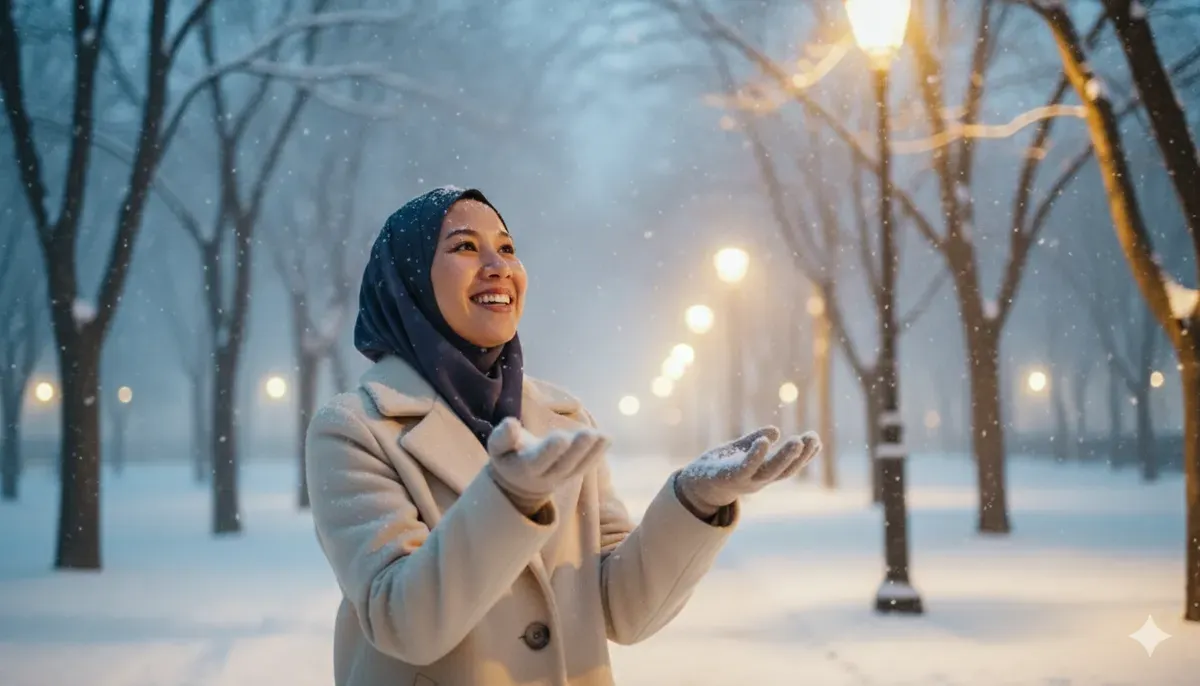 Hasil edit prompt Gemini AI terbaru foto wanita hijab di Seoul sambil menikmati salju serasa artis K-Drama. (Sumber: Freepik/tirachardz)