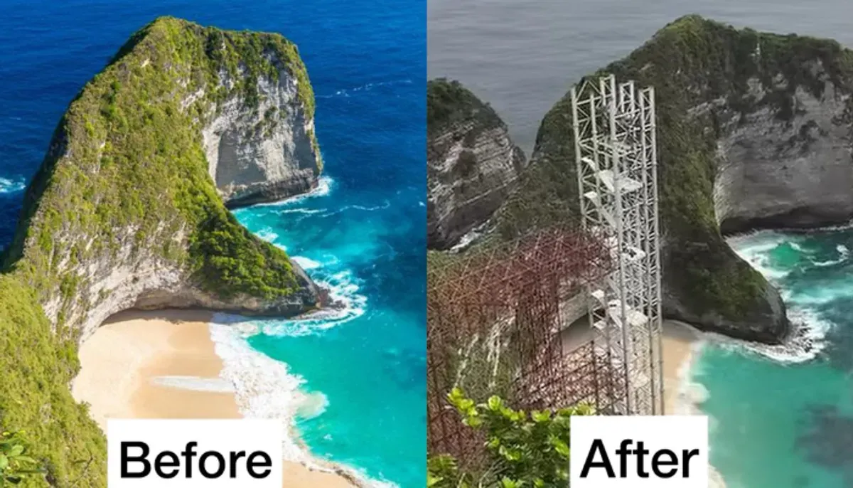 Ikon Bali terancam! Sorotan kontroversi lift kaca Kelingking: dari investor China, izin yang dipertanyakan, hingga ancaman kerusakan alam permanen. Apakah keindahan Nusa Penida akan hilang? (Sumber: X@pendakilawas)