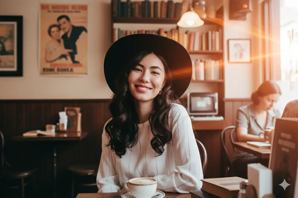 Hasil edit  prompt Gemini AI viral foto wanita dengan gaya Old Money Look di cafe vintage. (Sumber: Freepik/lookstudio)