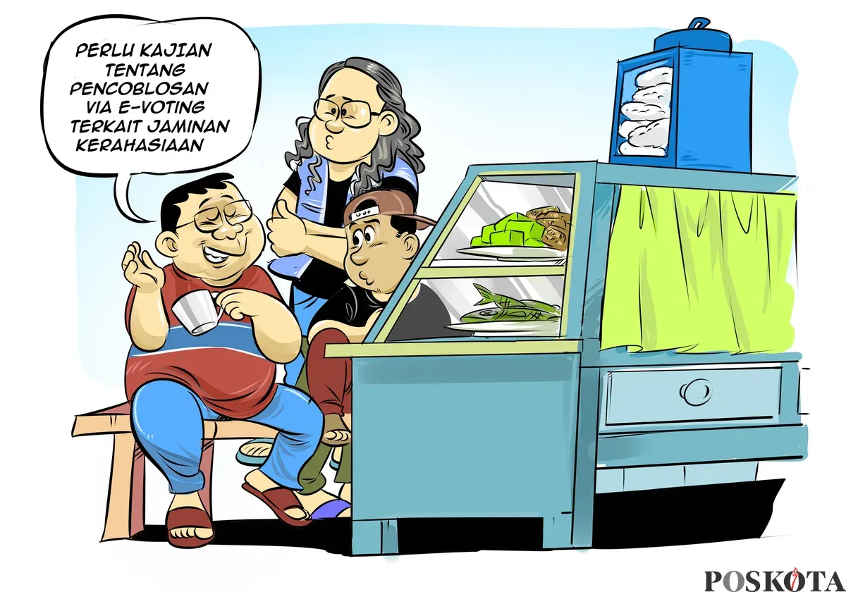 Ilustrasi Obrolan Warteg edisi “Pencoblosan Tak Harus Sehari”. Tiga sahabat membahas wacana pemilu tujuh hari dan pentingnya kajian e-voting untuk menjamin kerahasiaan suara pemilih. (Sumber: Poskota/Arif Setiadi)