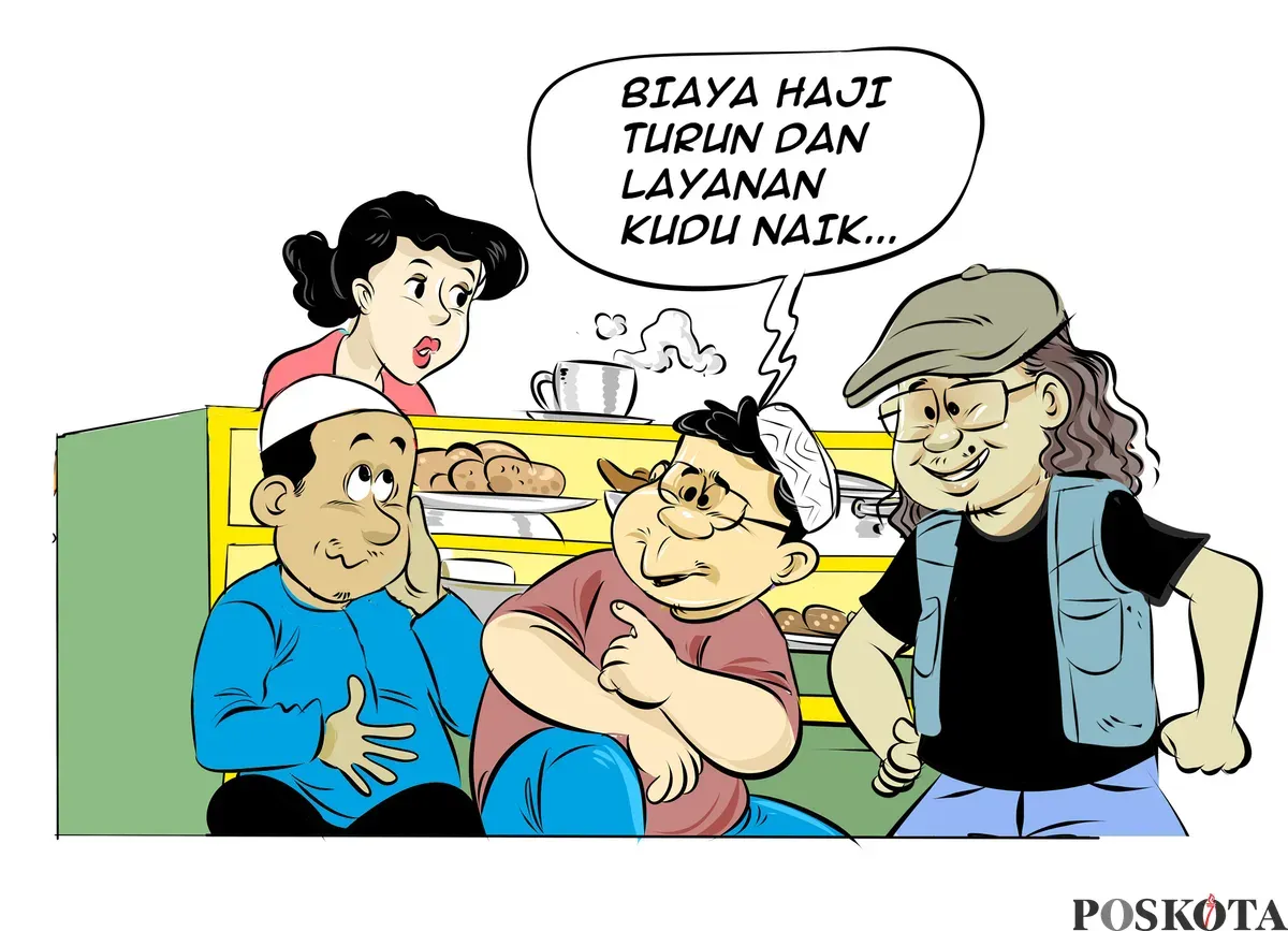 Ilustrasi Obrolan Warteg — Tiga sahabat berharap penurunan biaya haji tahun 2026 diikuti dengan peningkatan kualitas pelayanan bagi para jemaah. (Sumber: Poskota/Arif Setiadi)