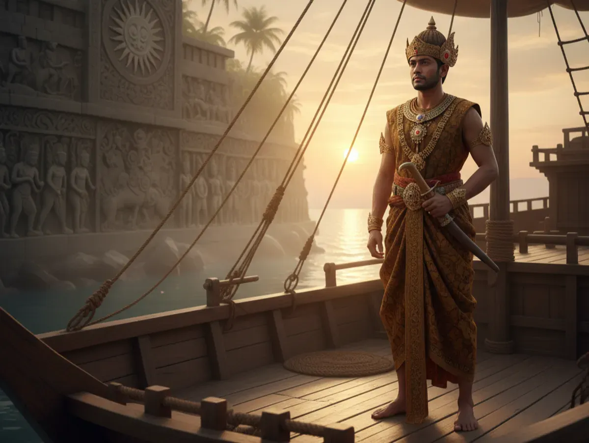 Seorang raja Majapahit berdiri di atas kapal dagang kayu saat senja, berpakaian batik emas dan memegang kris berukir, latar pelabuhan batu kuno dengan sinar matahari keemasan. (Sumber: Gemini AI)