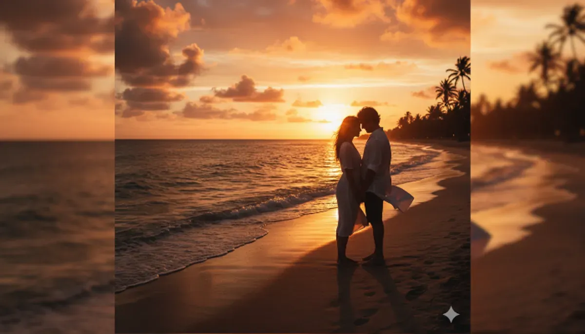 Kumpulan prompt Gemini AI untuk menciptakan momen romantis berdua di saat senja dengan aura hangat dan natural. (Sumber: Poskota/Gemini AI)