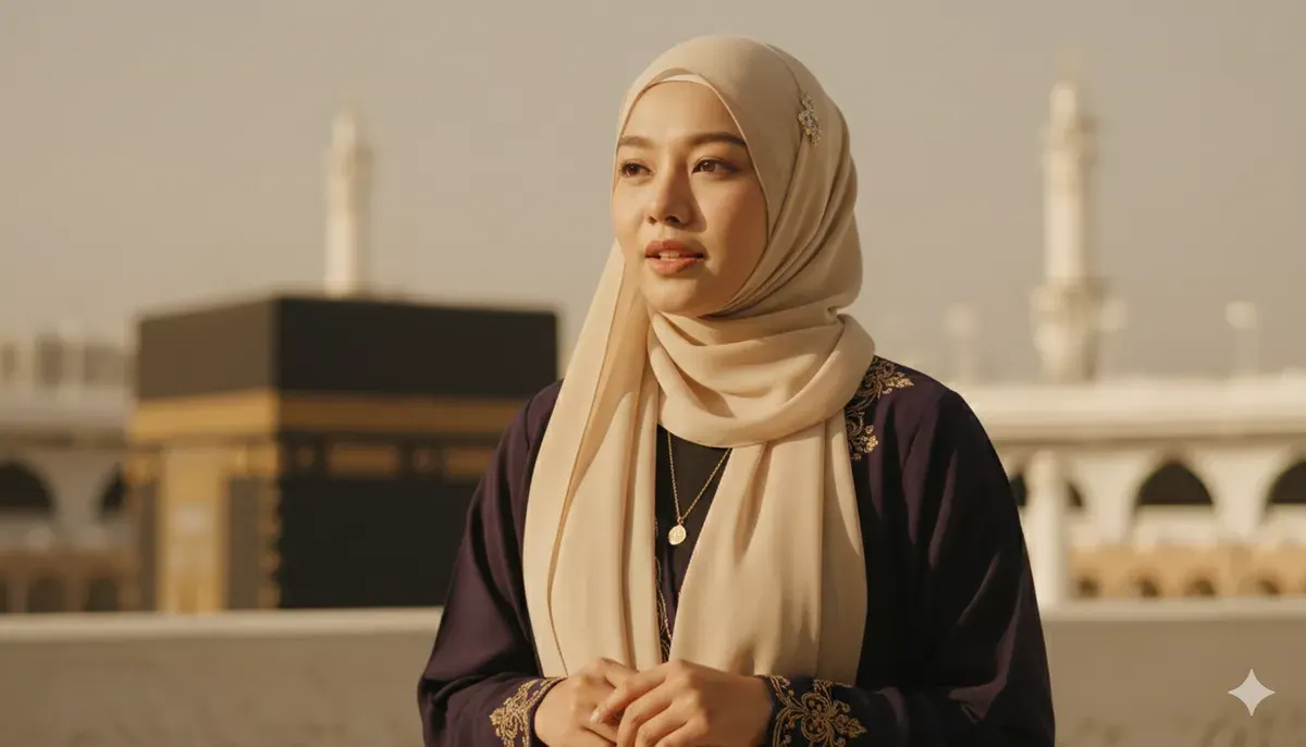 Hasil edit prompt Gemini AI viral wanita hijab di Mekah ala Arabian. (Sumber: Freepik/tirachardz)