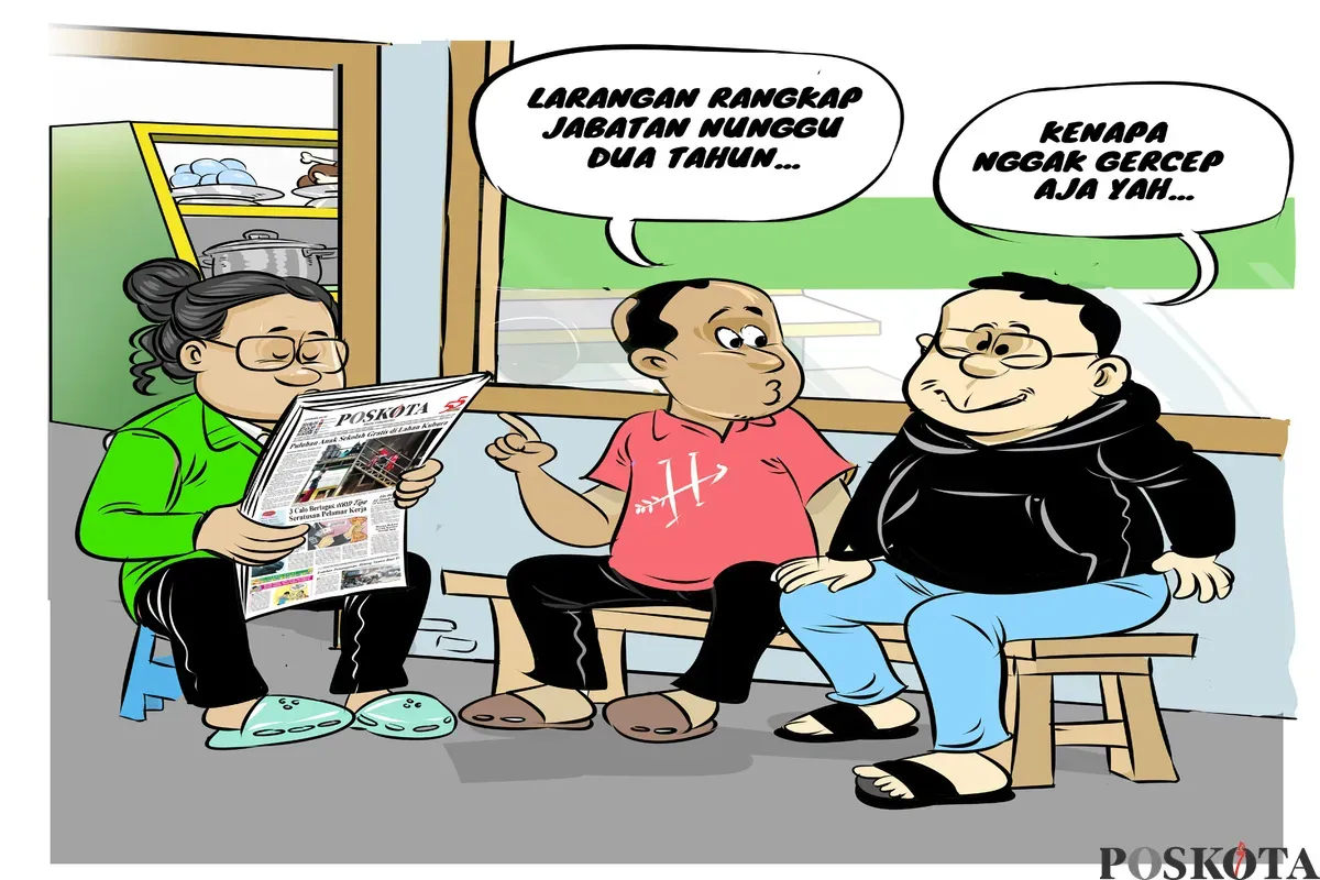 Ilustrasi obrolan warteg menyoroti putusan MK soal larangan rangkap jabatan wakil menteri, yang baru berlaku penuh dua tahun mendatang. (Sumber: Poskota/Arif Setiadi)