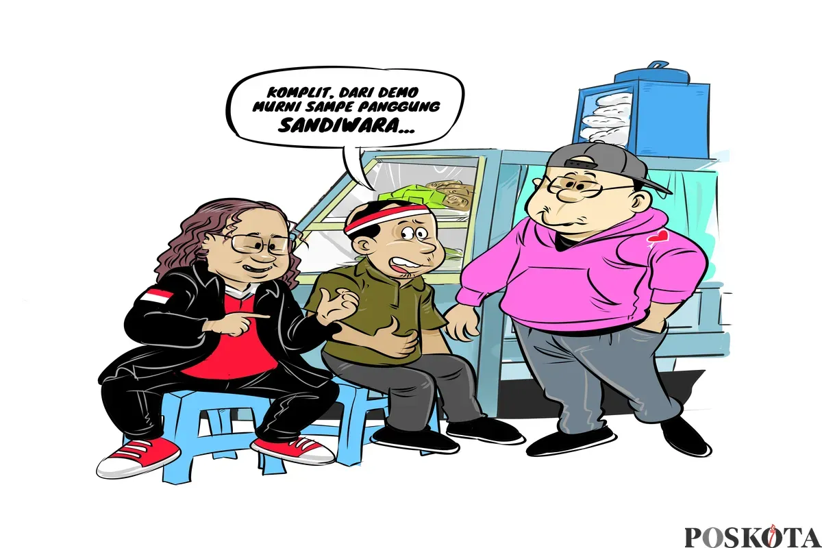 Ilustrasi Obrolan Warteg: Tiga sahabat berdiskusi soal aksi demonstrasi, dari demo murni hingga dianggap sekadar panggung sandiwara. (Sumber: Poskota/Arif Setiadi)