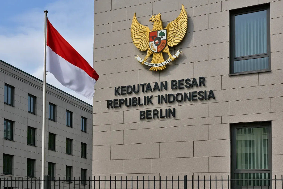 Gedung KBRI Berlin di Clara Wieck Strasse, pusat diplomasi Indonesia di Jerman yang kini membuka peluang karier baru bagi WNI.