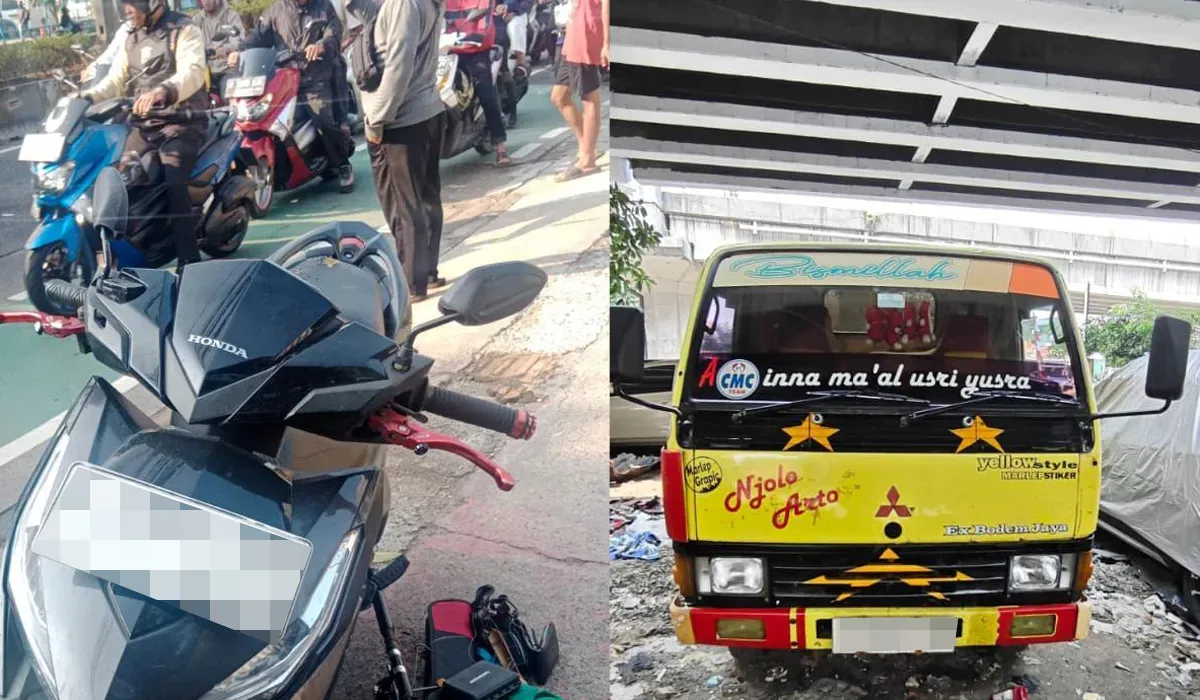 Kendaraan truk dan sepeda motor yang terlibat kecelakaan lalu lintas di Jalan Warung Jati Barat, Pasar Minggu, Jakarta Selatan, pada Sabtu, 6 September 2025, sekitar pukul 07.30 WIB. (Sumber: Dok Polda Metro Jaya)