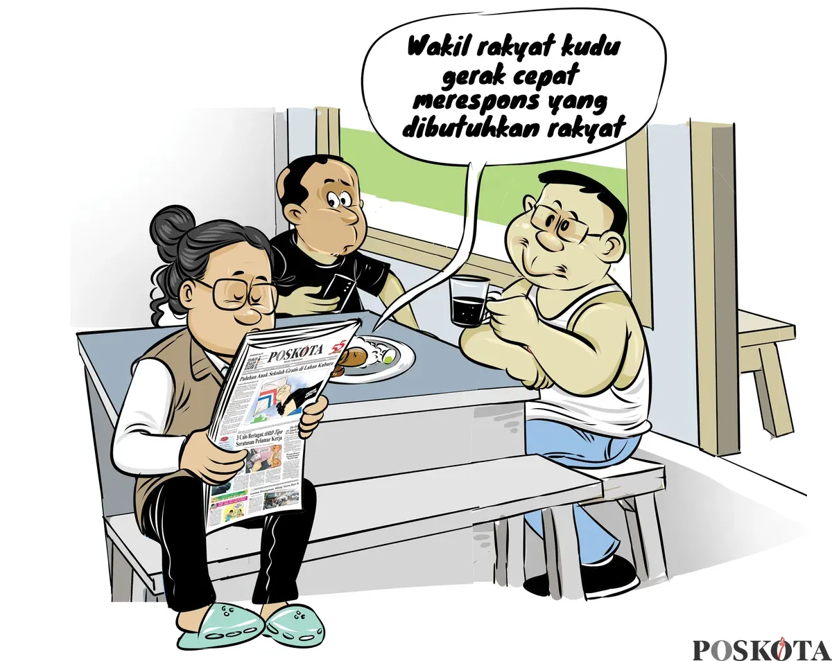 Ilustrasi obrolan warteg - Seseorang dari tiga sahabat berujar bahwa wakil rakyat harus cepat merespons kebutuhan publik dengan kebijakan nyata prorakyat. (Sumber: Poskota/Arif Setiadi)