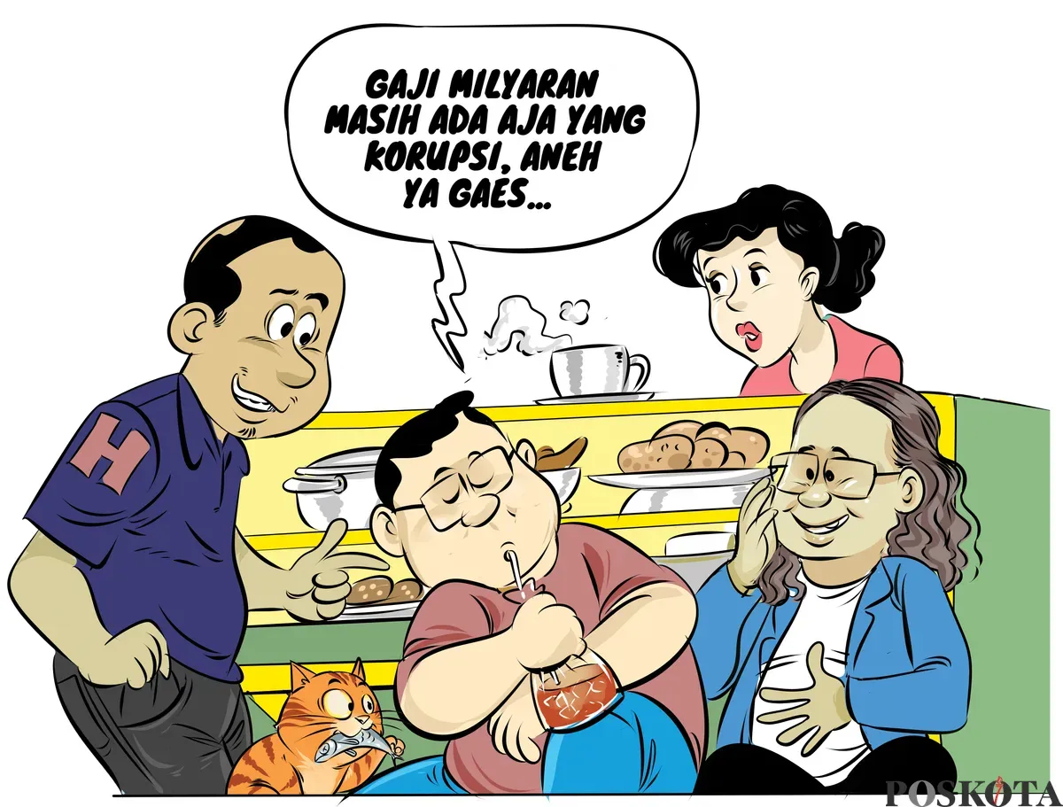 Ilustrasi obrolan tiga sahabat di warteg soal gaji wakil rakyat yang masih jadi sorotan, bahkan dengan penghasilan besar pun isu korupsi tetap mencuat. (Sumber: Poskota/Arif Setiadi)