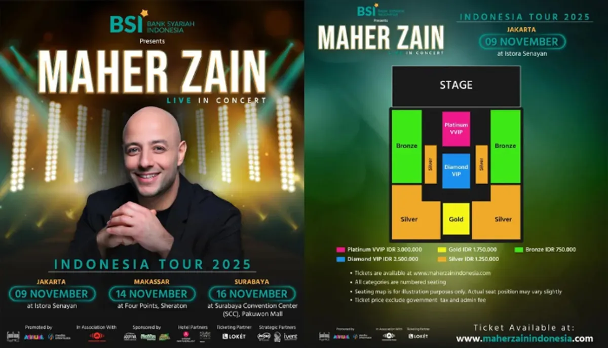 BSI hadirkan Maher Zain Live in Concert November 2025. Catat tanggalnya! Tiket pre-sale untuk nasabah BSI dimulai 9 Sept. Buruan dapatkan! (Sumber: Instagram/@maherzainofficial)